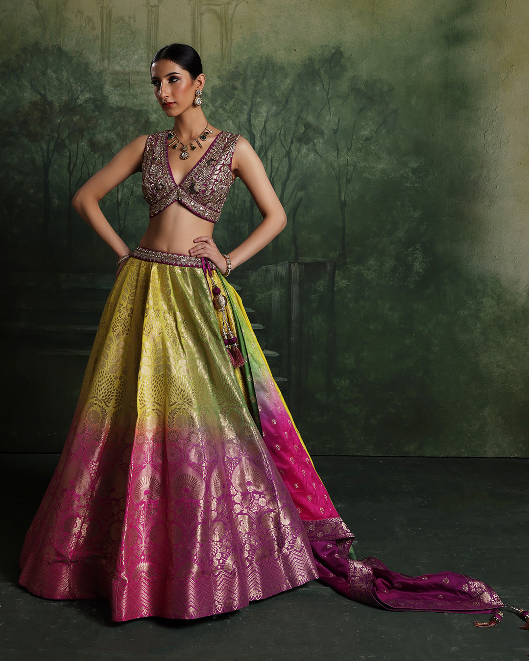 Lime Zest And Lilac Ombre Banarasi Brocade Lehenga Set