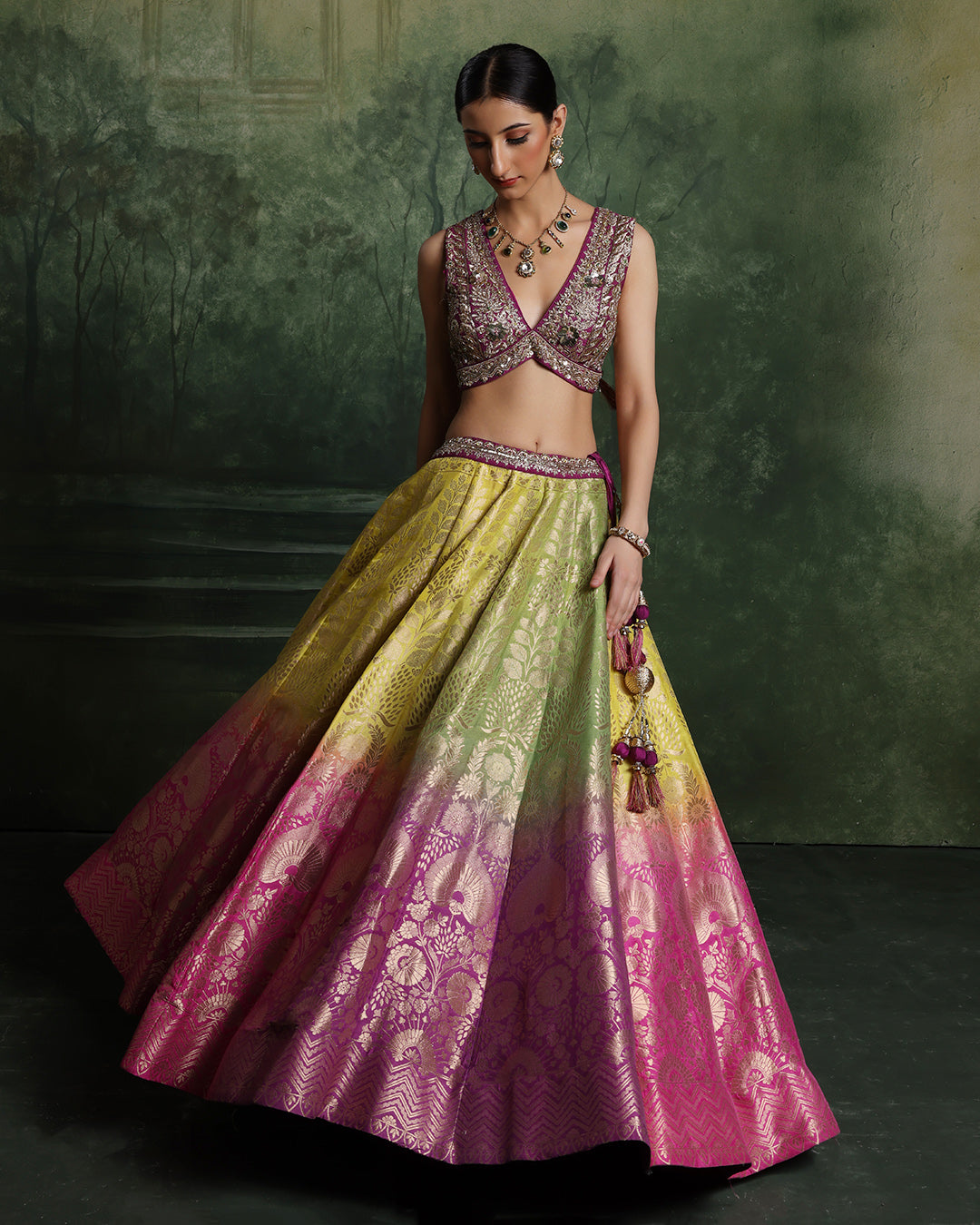 Lime Zest And Lilac Ombre Banarasi Brocade Lehenga Set