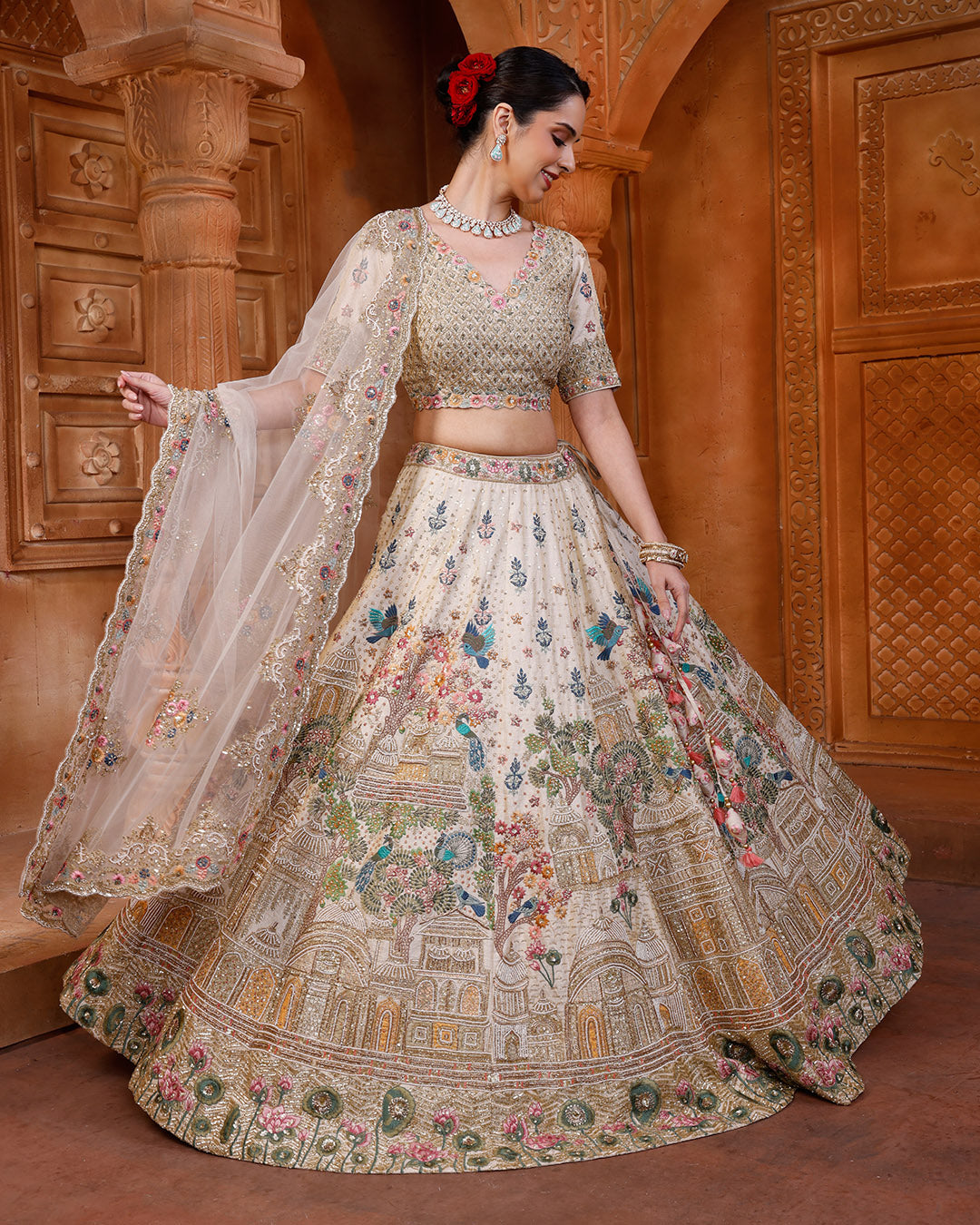 Lustre Ivory Jharokha Embroidered Pure Silk Bridal Lehenga Set