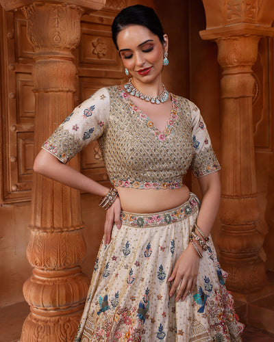 Lustre Ivory Jharokha Embroidered Pure Silk Bridal Lehenga Set
