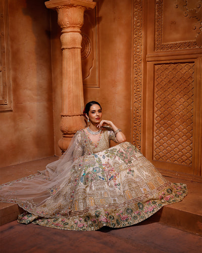 Lustre Ivory Jharokha Embroidered Pure Silk Bridal Lehenga Set