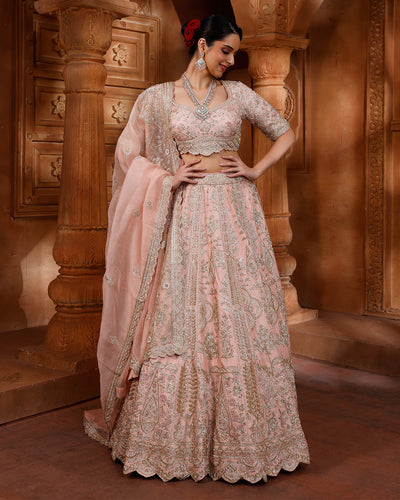 Lustre Peach Hand Embroidered Bridal Lehenga Set