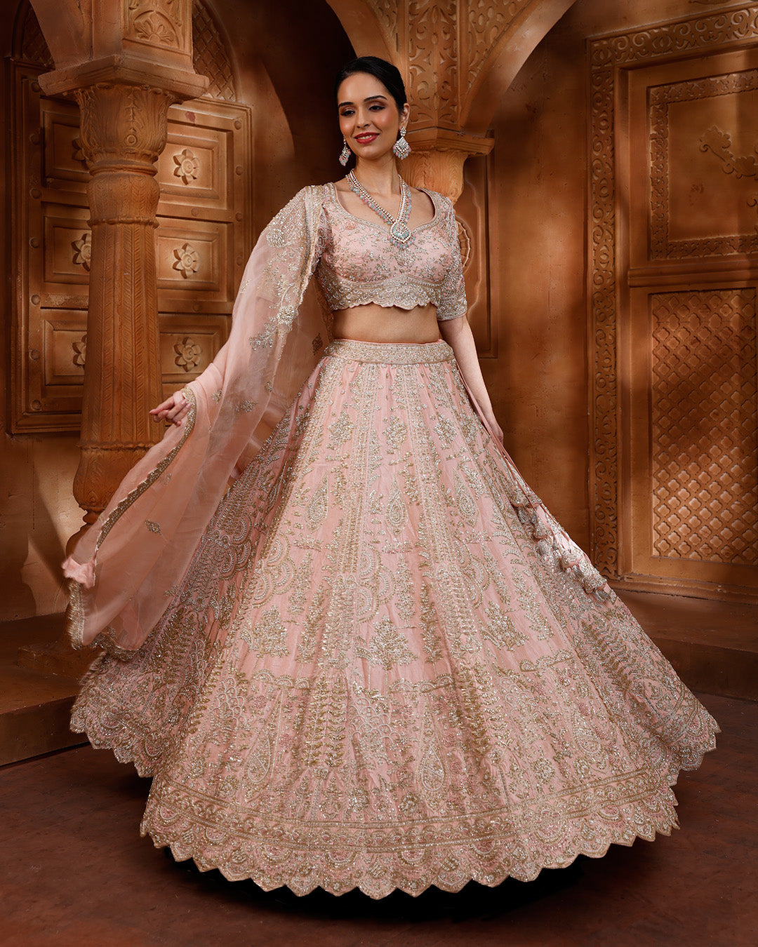 Lustre Peach Hand Embroidered Bridal Lehenga Set