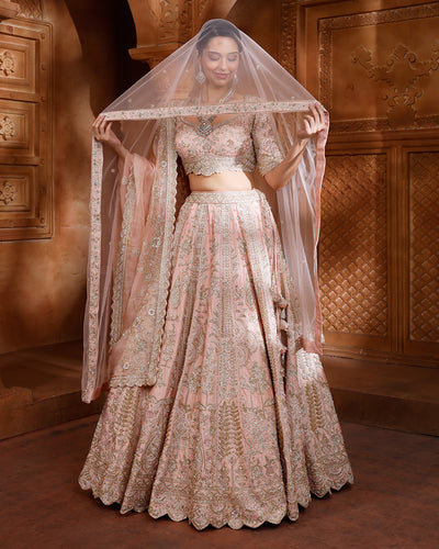 Lustre Peach Hand Embroidered Bridal Lehenga Set