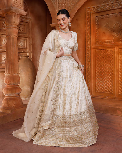 Luxe Ivory Banarasi Silk Bridal Lehenga Set