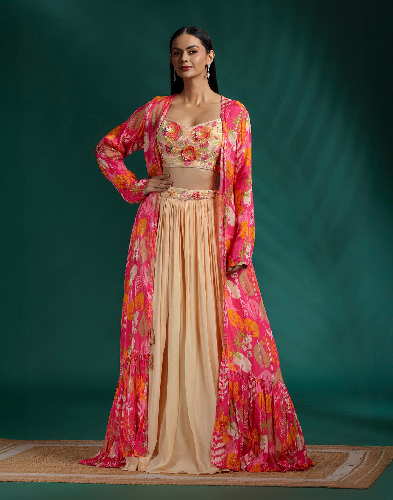 Macaron Beige Bustier With Printed Jacket Fusion Lehenga Set