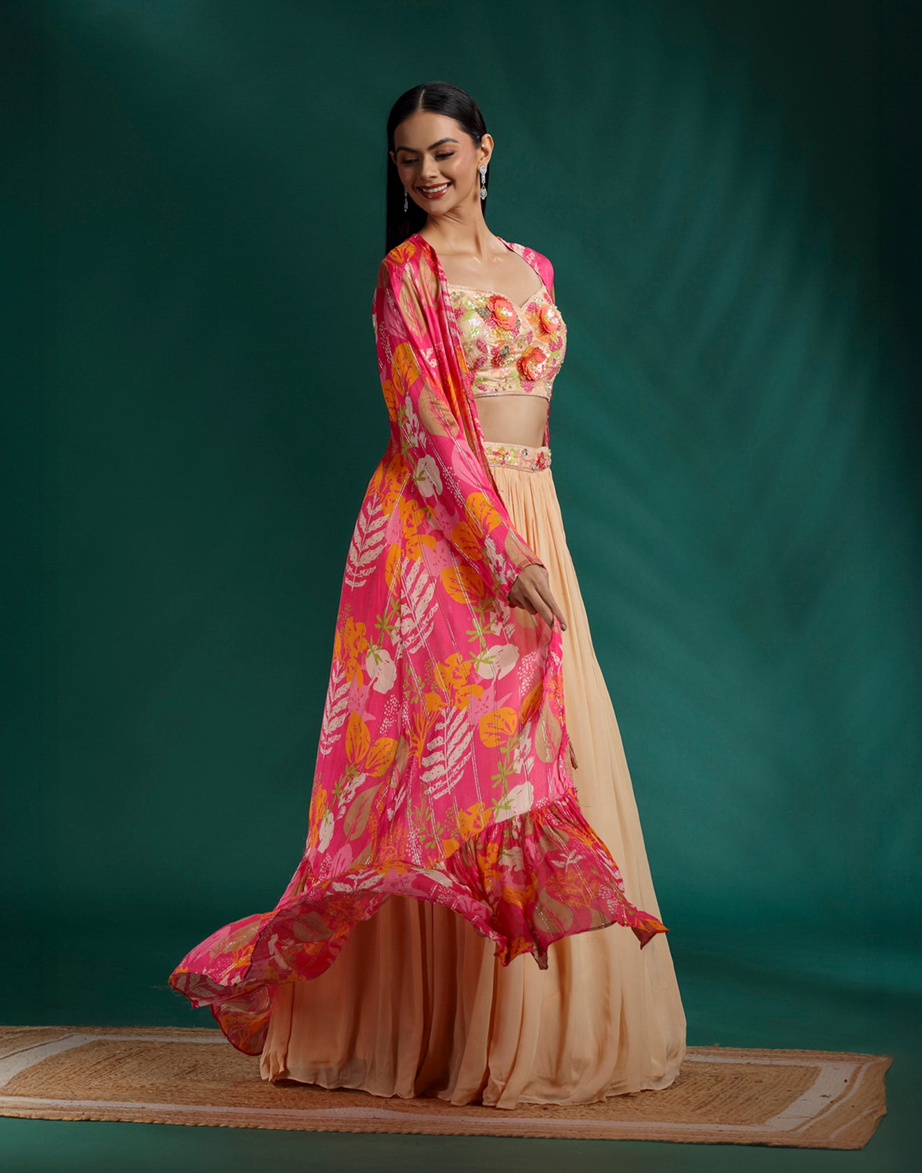 Macaron Beige Bustier With Printed Jacket Fusion Lehenga Set