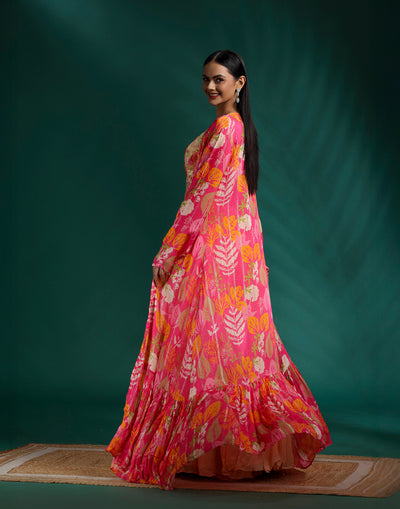 Macaron Beige Bustier With Printed Jacket Fusion Lehenga Set