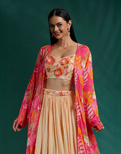 Macaron Beige Bustier With Printed Jacket Fusion Lehenga Set