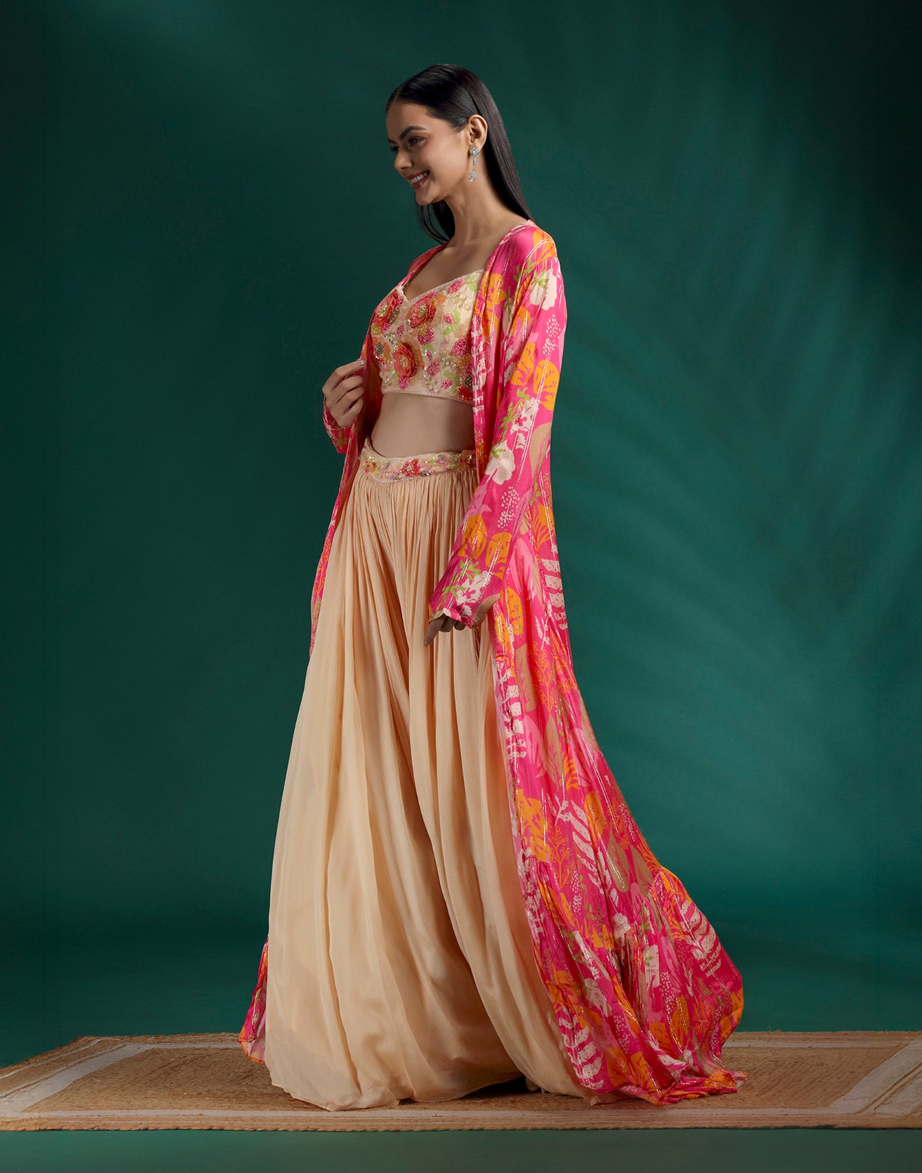 Macaron Beige Bustier With Printed Jacket Fusion Lehenga Set