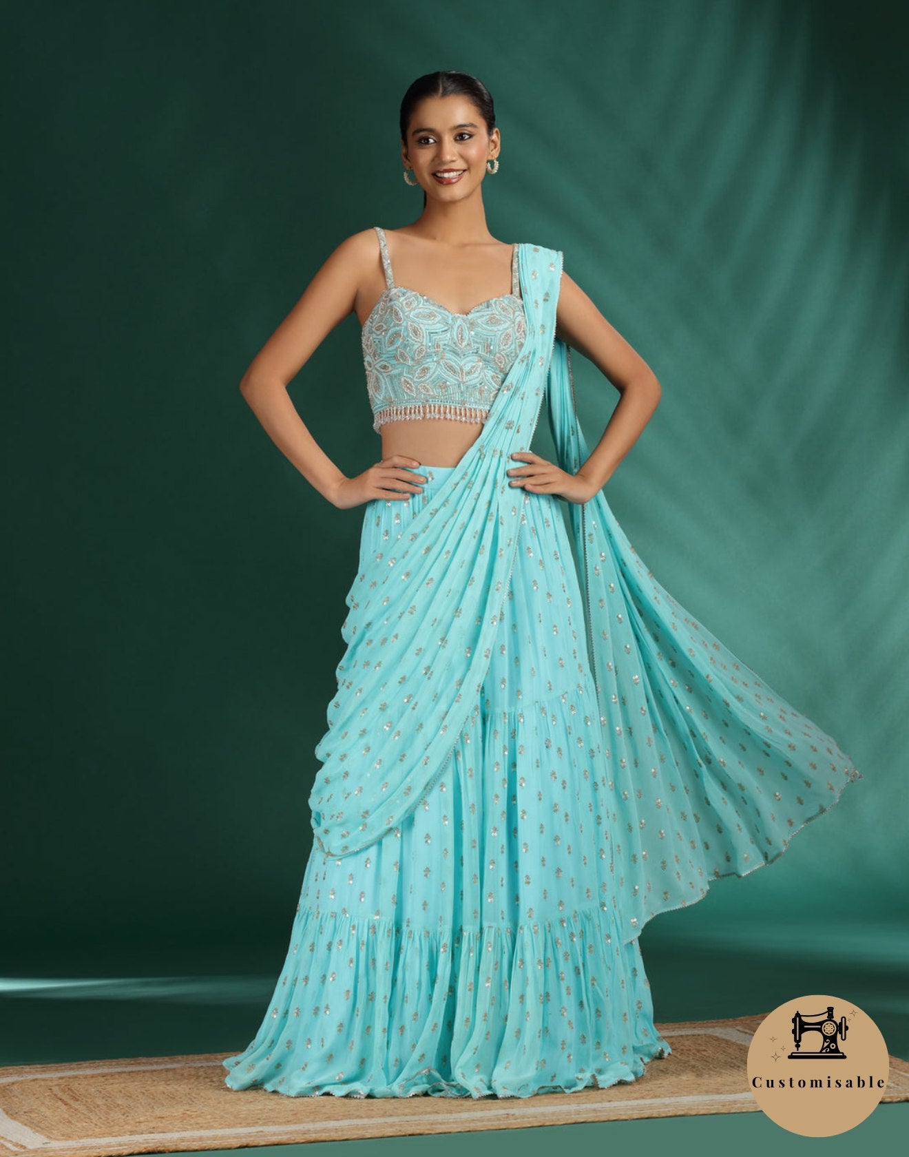 Marine Bloom Georgette Pre-Stitched Saree With Embellished Blouse