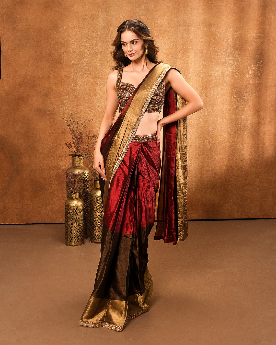 Maroon And Golden Tissue Silk Pre-Draped Saree