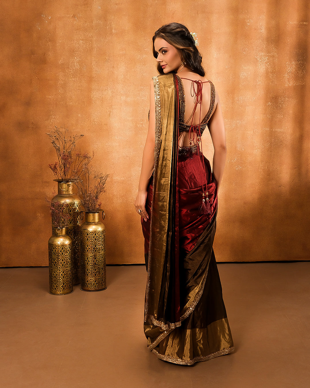 Maroon And Golden Tissue Silk Pre-Draped Saree