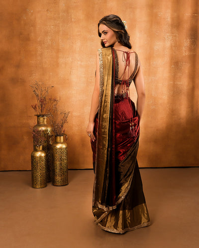 Maroon And Golden Tissue Silk Pre-Draped Saree