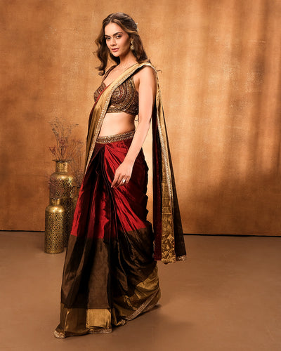 Maroon And Golden Tissue Silk Pre-Draped Saree