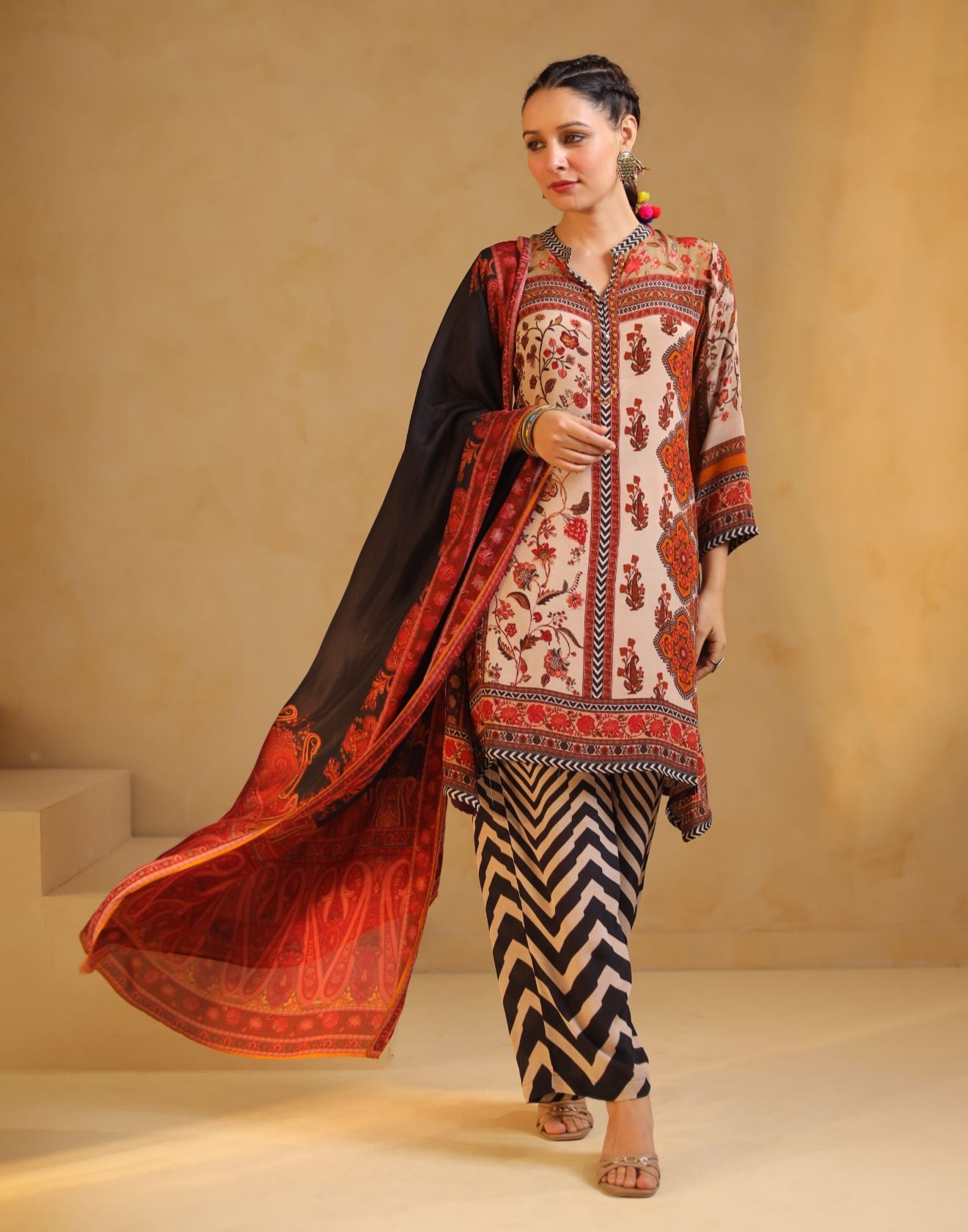 Multicolor Mughal Printed Kurta With Chevron Pant Crepe Silk Kurta Set