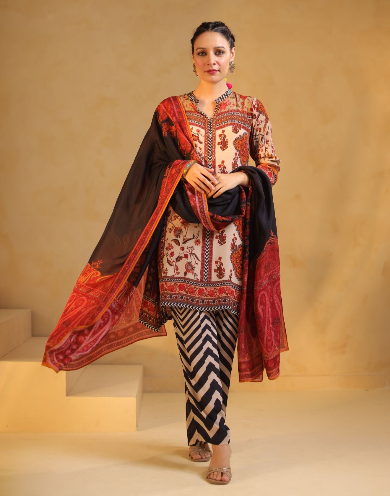 Multicolor Mughal Printed Kurta With Chevron Pant Crepe Silk Kurta Set