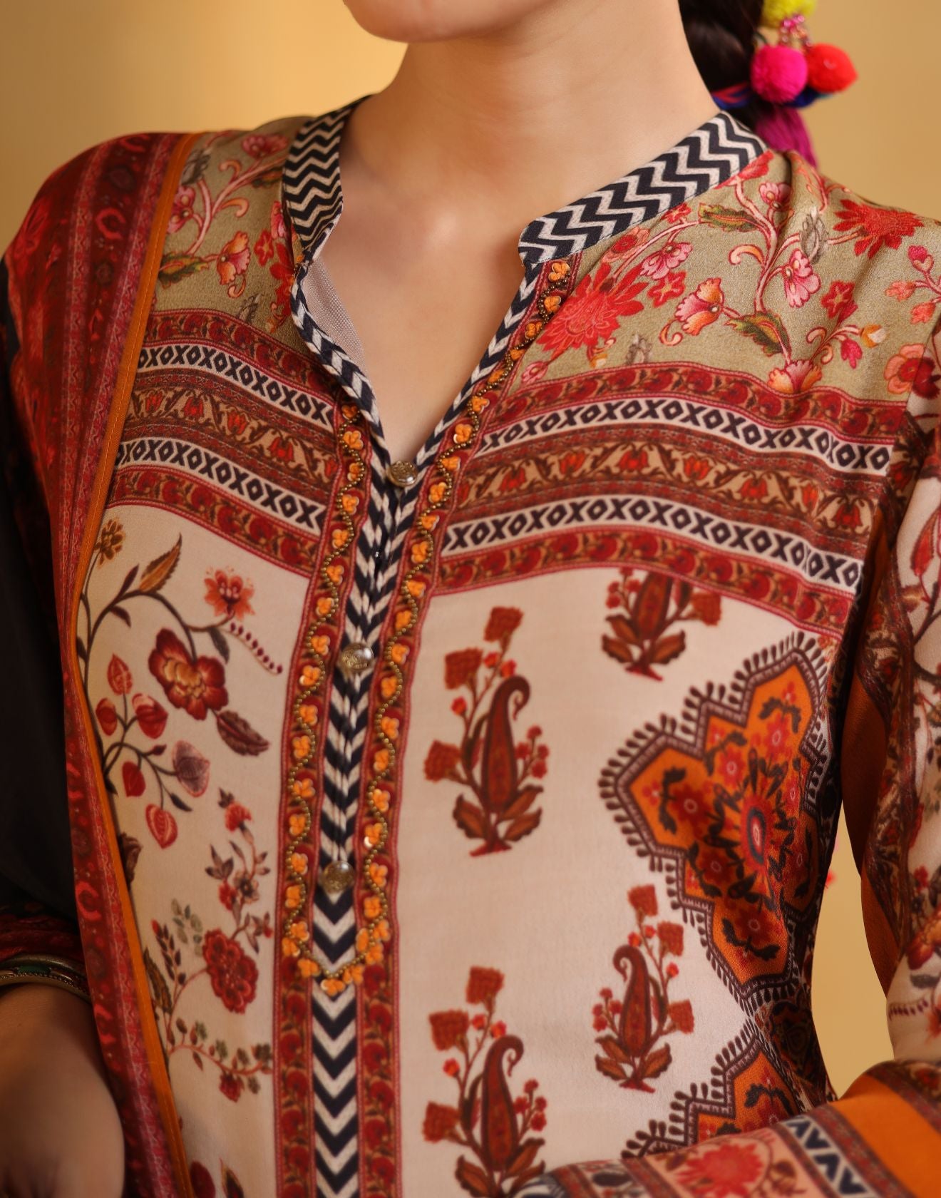 Multicolor Mughal Printed Kurta With Chevron Pant Crepe Silk Kurta Set