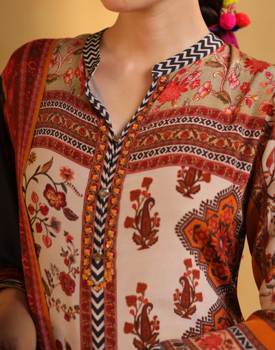 Multicolor Mughal Printed Kurta With Chevron Pant Crepe Silk Kurta Set