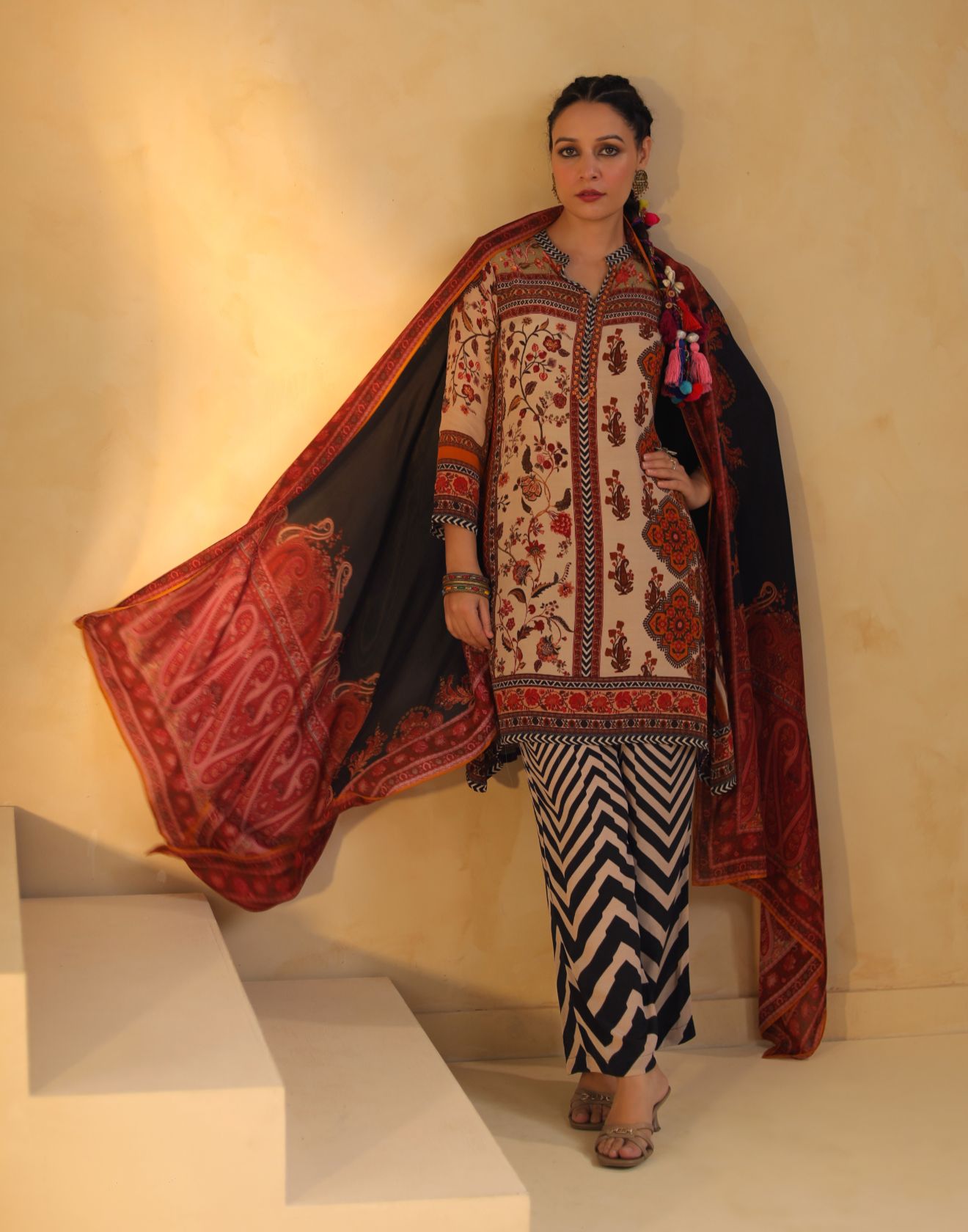 Multicolor Mughal Printed Kurta With Chevron Pant Crepe Silk Kurta Set