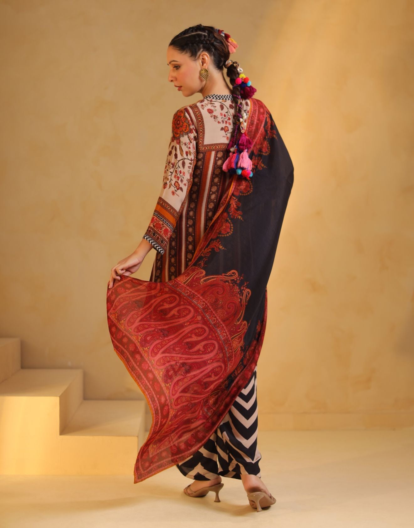 Multicolor Mughal Printed Kurta With Chevron Pant Crepe Silk Kurta Set