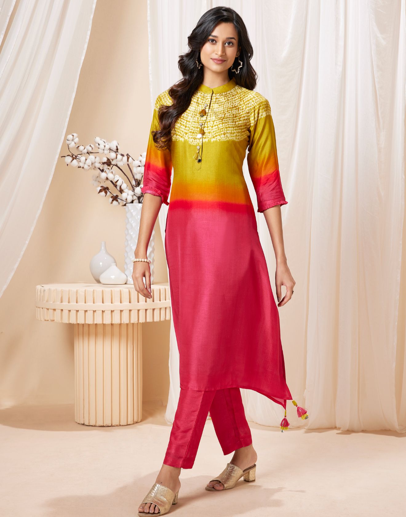 Mustard & Pink Ombre Batik Print Kurta Set