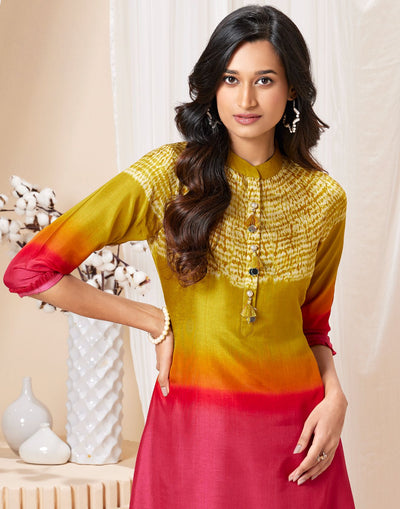 Mustard & Pink Ombre Batik Print Kurta Set