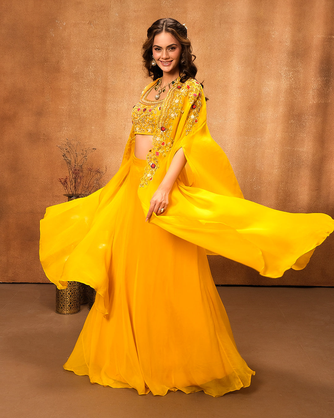 Mustard Yellow Embroidered Bustier With Jacket & Skirt Set