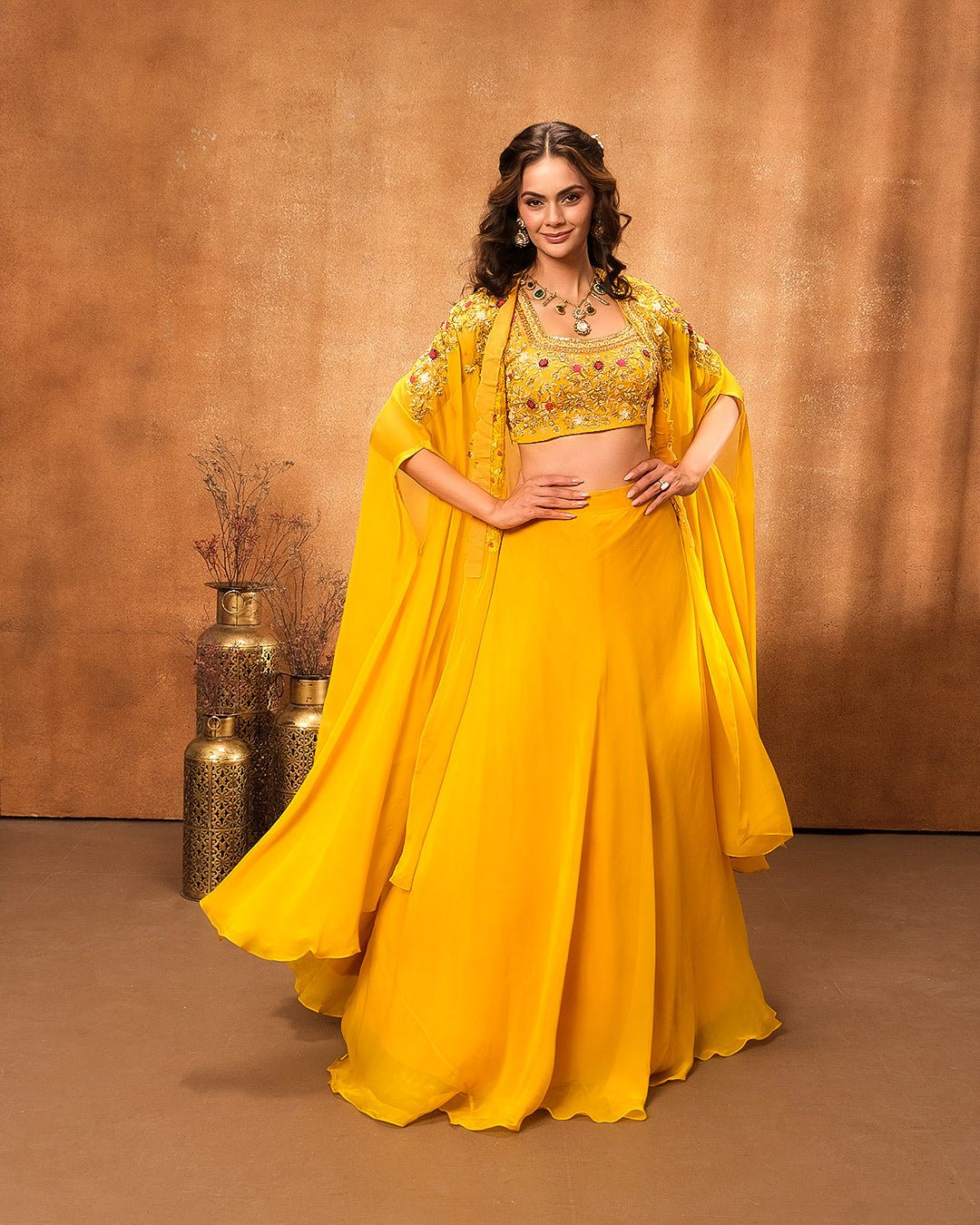 Mustard Yellow Embroidered Bustier With Jacket & Skirt Set