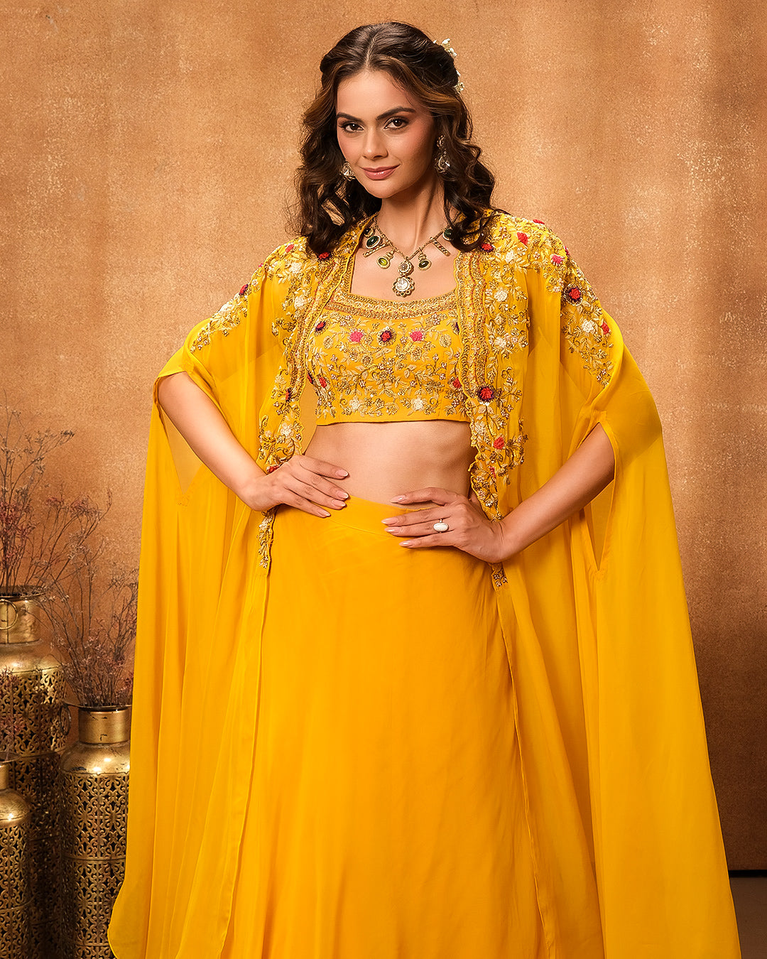 Mustard Yellow Embroidered Bustier With Jacket & Skirt Set