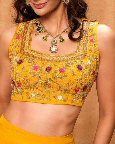 Mustard Yellow Embroidered Bustier With Jacket & Skirt Set