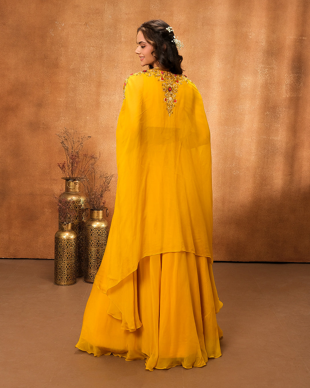 Mustard Yellow Embroidered Bustier With Jacket & Skirt Set