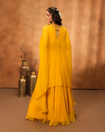 Mustard Yellow Embroidered Bustier With Jacket & Skirt Set