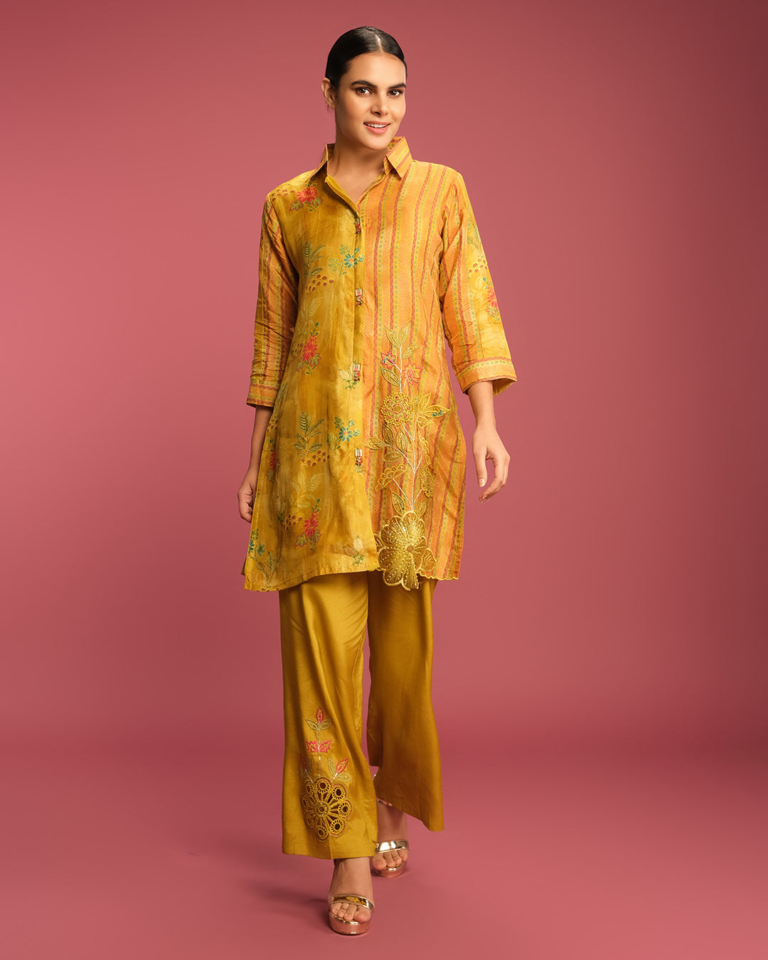Mustard Yellow Printed With Cutwork Highlight Co-Ord Set