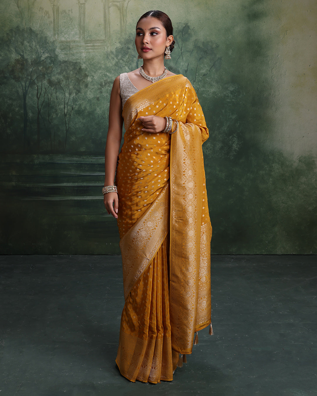 Mustard Yellow With Golden Weave Dola Silk Saree