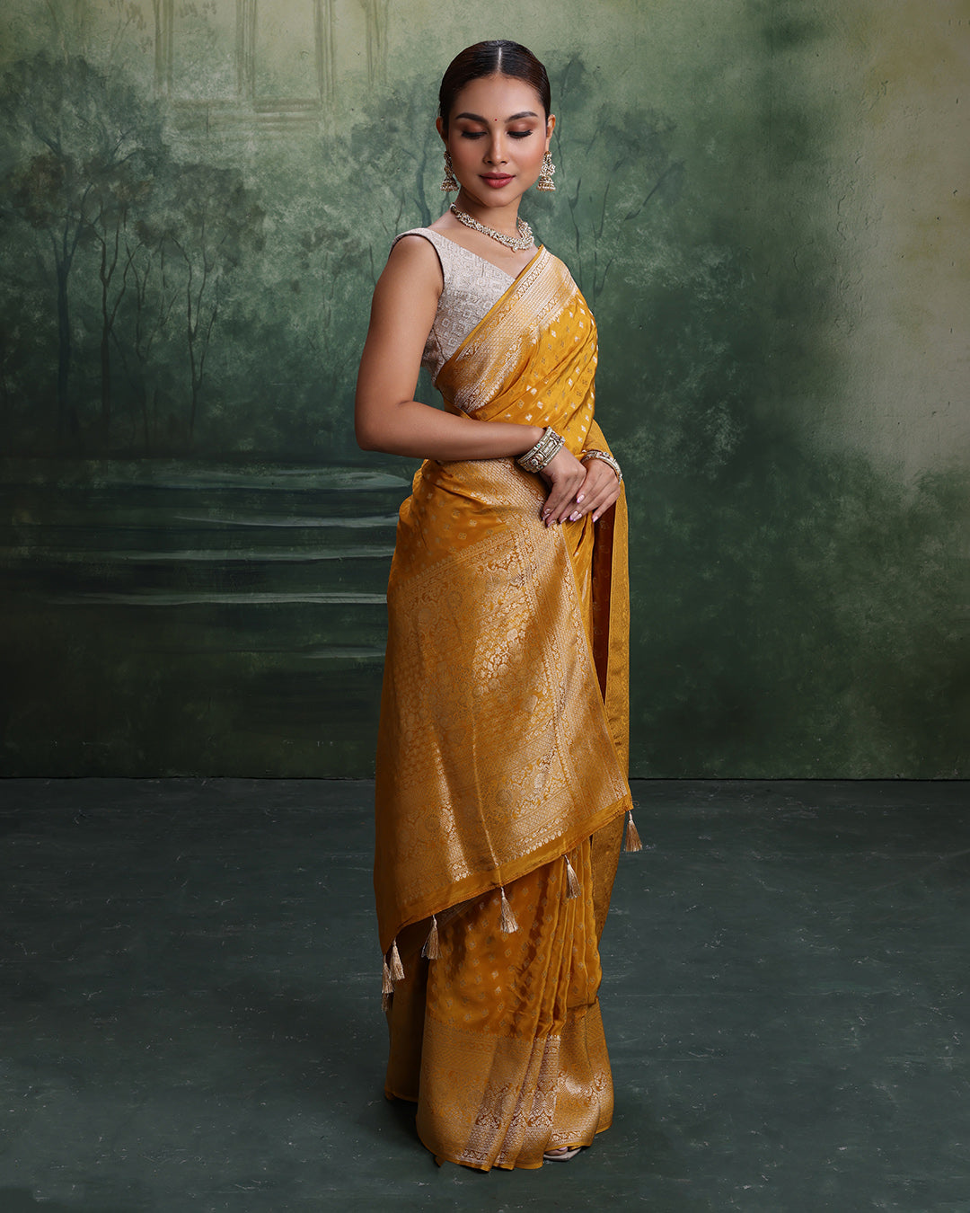 Mustard Yellow With Golden Weave Dola Silk Saree