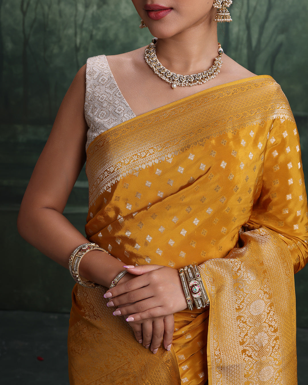 Mustard Yellow With Golden Weave Dola Silk Saree