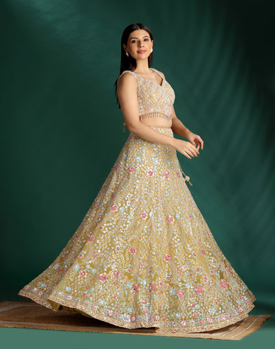 Mustard Yellow With Pastel Embroidered Lehenga For Haldi/Mehendi