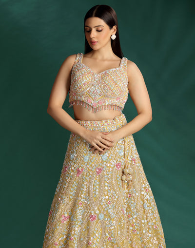 Mustard Yellow With Pastel Embroidered Lehenga For Haldi/Mehendi