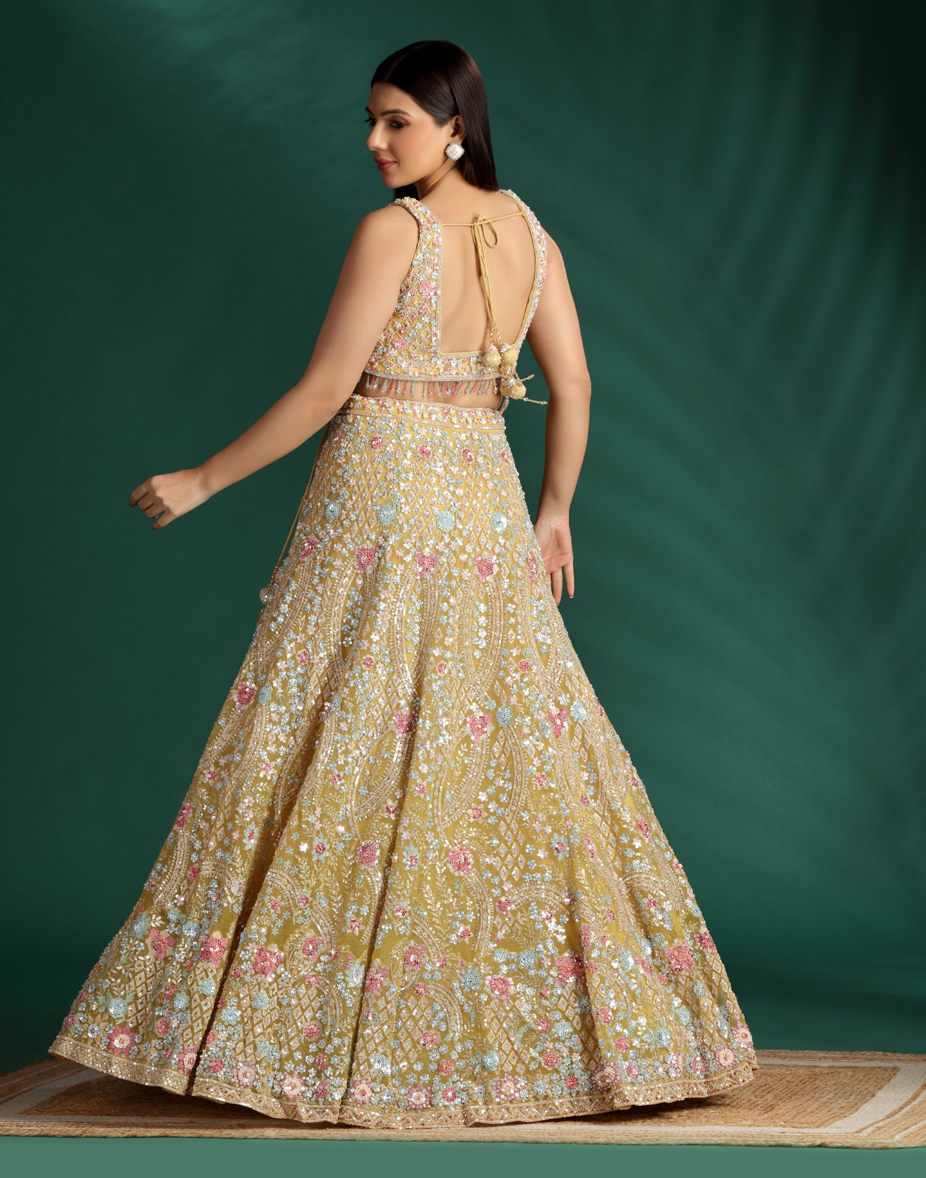 Mustard Yellow With Pastel Embroidered Lehenga For Haldi/Mehendi