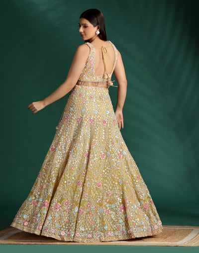 Mustard Yellow With Pastel Embroidered Lehenga For Haldi/Mehendi