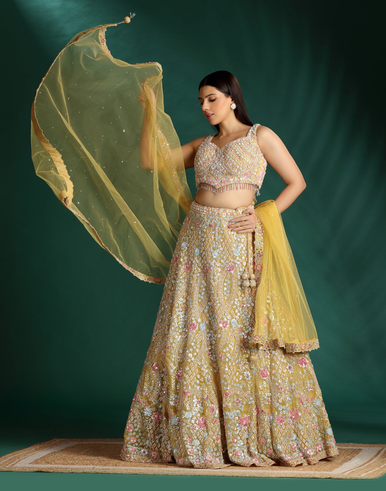 Mustard Yellow With Pastel Embroidered Lehenga For Haldi/Mehendi