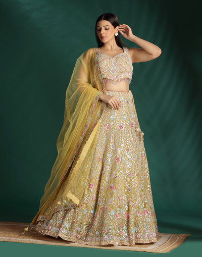 Mustard Yellow With Pastel Embroidered Lehenga For Haldi/Mehendi