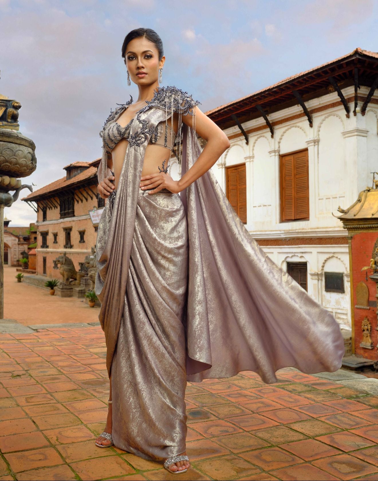Mystic Mauve Stitched Saree With Bustier & Tasseled Cape