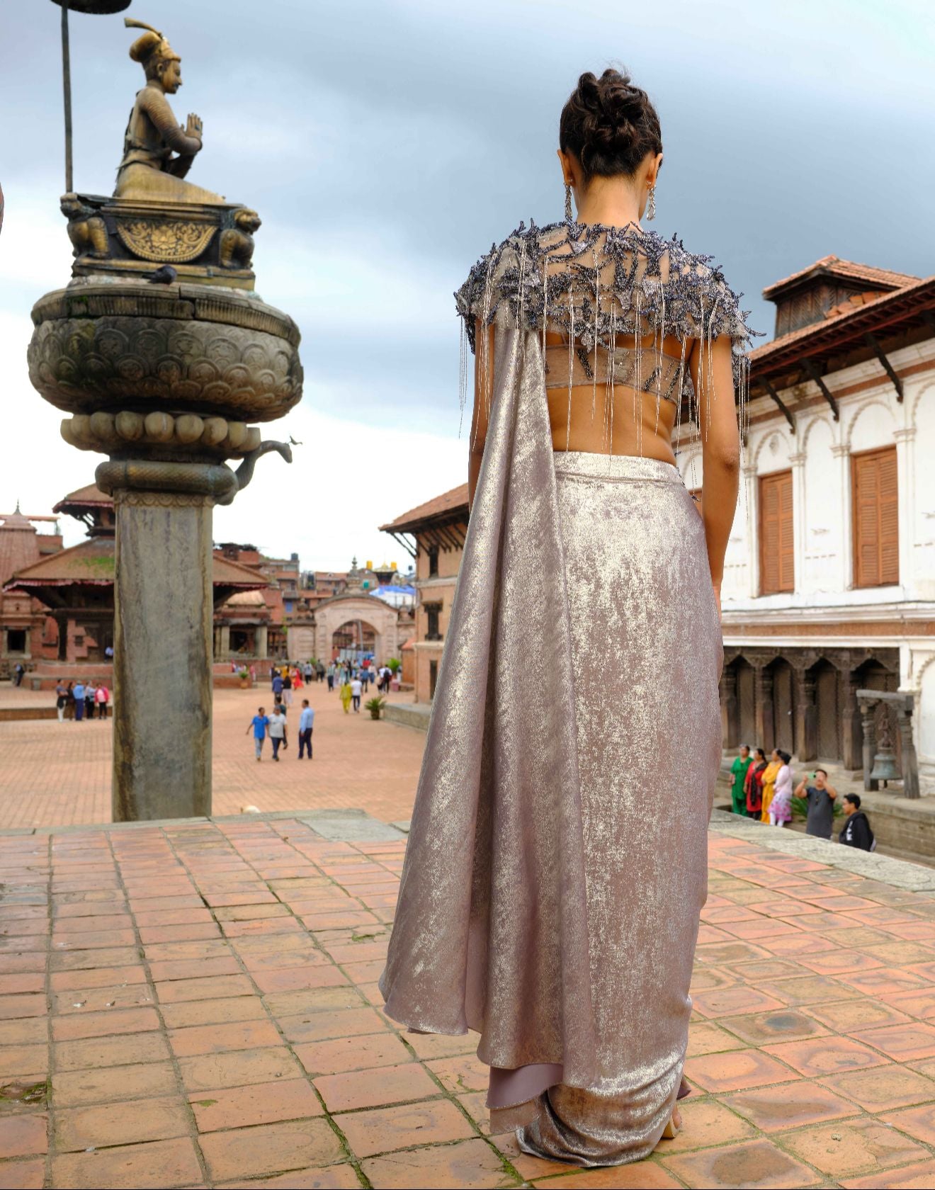 Mystic Mauve Stitched Saree With Bustier & Tasseled Cape