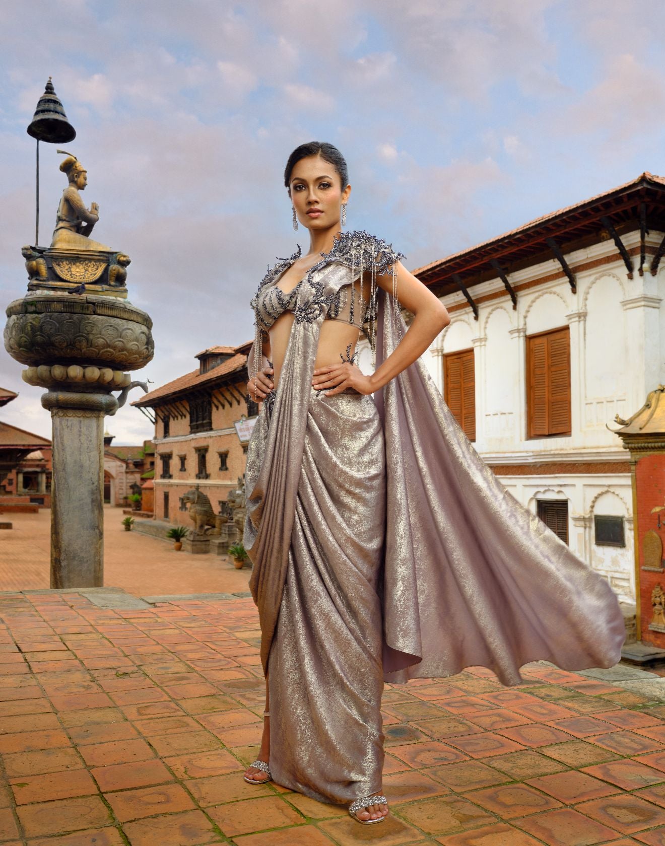 Mystic Mauve Stitched Saree With Bustier & Tasseled Cape