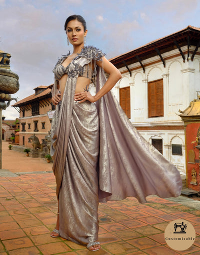Mystic Mauve Stitched Saree With Bustier & Tasseled Cape