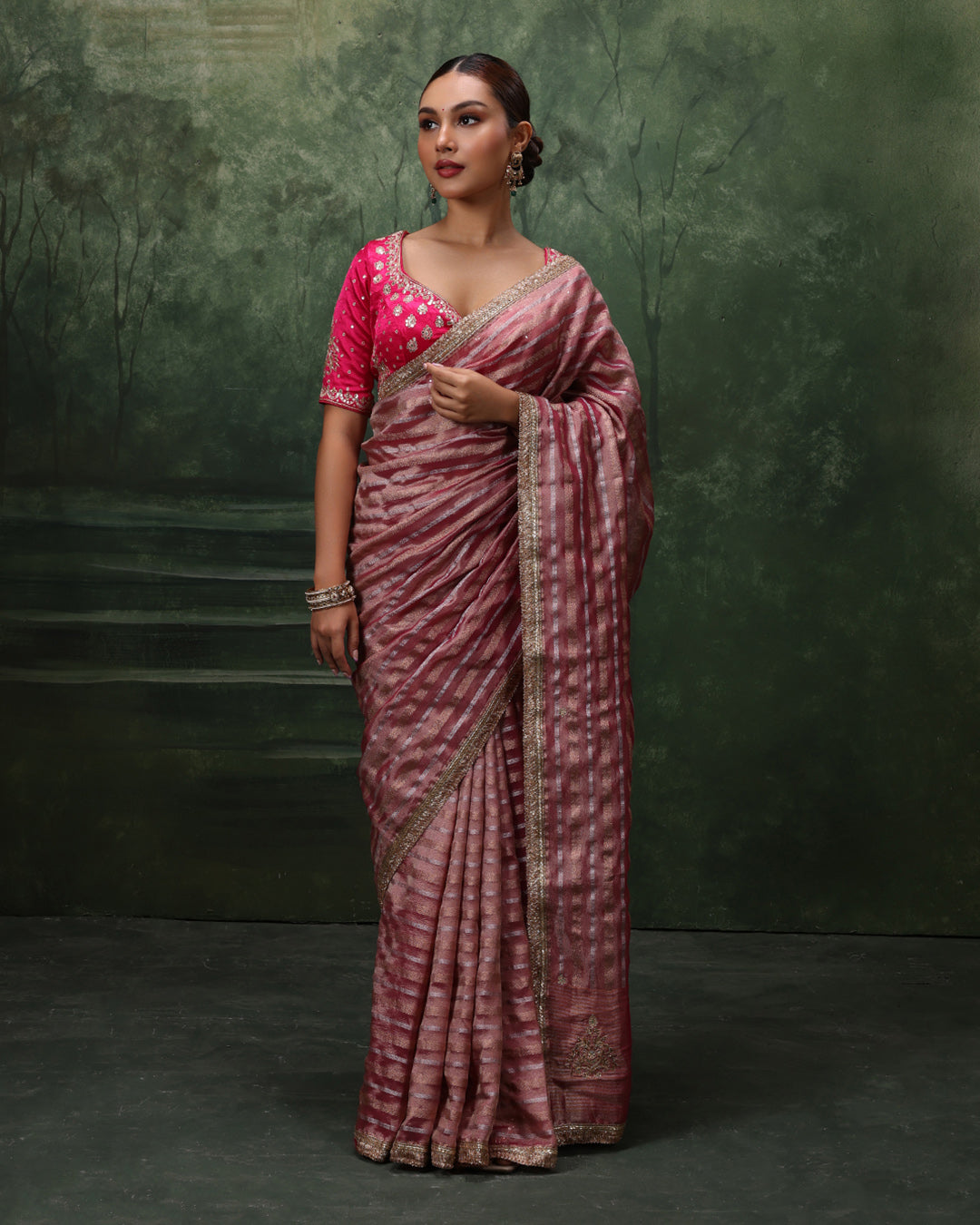 Mystic Merlot Shimmer Organza Saree With Stitched Blouse