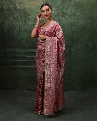 Mystic Merlot Shimmer Organza Saree With Stitched Blouse