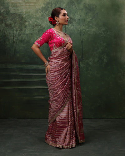 Mystic Merlot Shimmer Organza Saree With Stitched Blouse